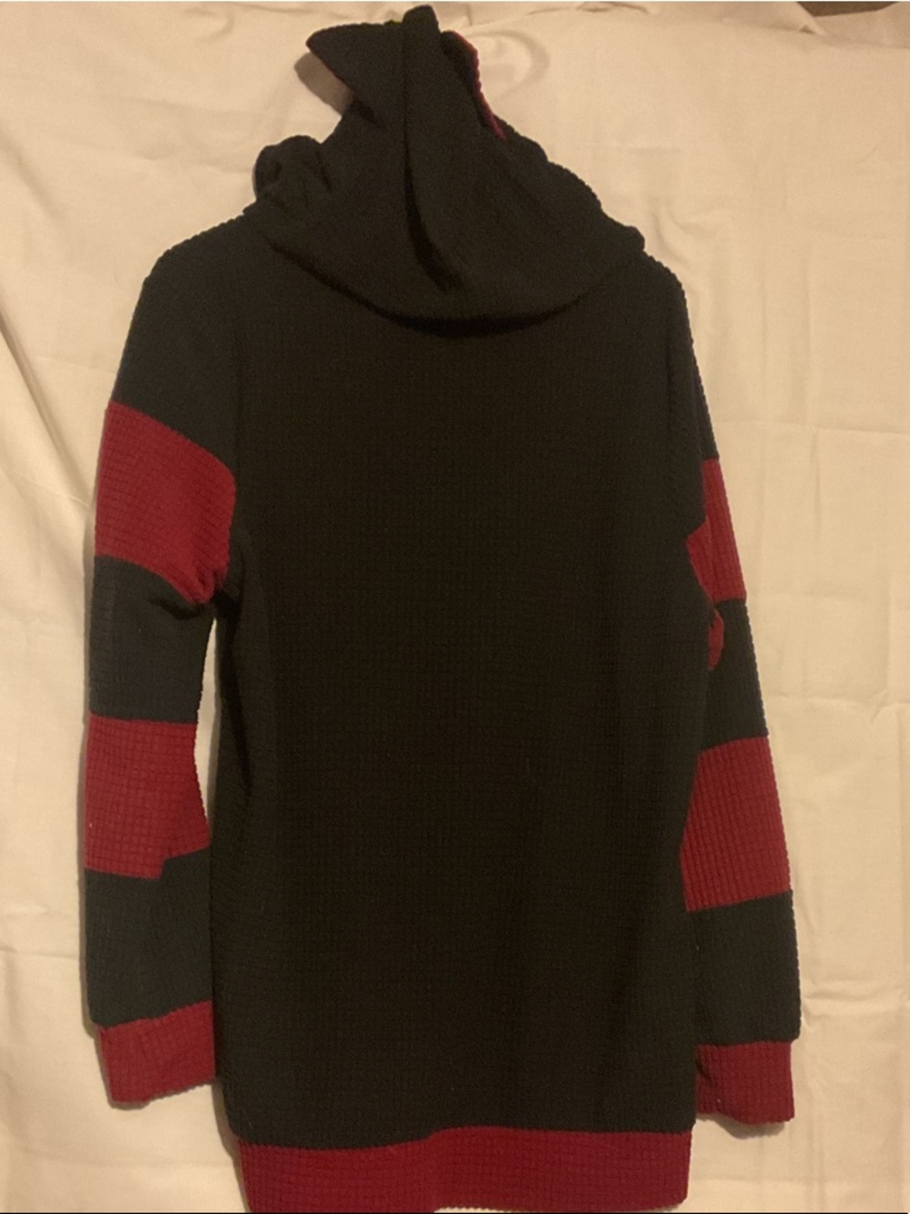 Women’s Black Zip-Up Cat Hooded Sweater with Red Stripe Accents